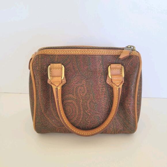 ETRO Paisley Bag Mini Tote Boston Purse Pouchette Brown Zip Small 6x4x3 Leather - Picture 2 of 13